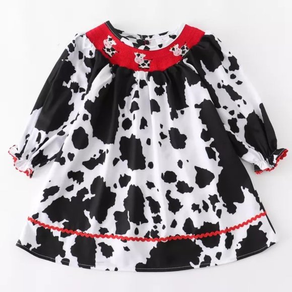 Other - Boutique Farm Cow Print Girls Embroidered Smocked Dress